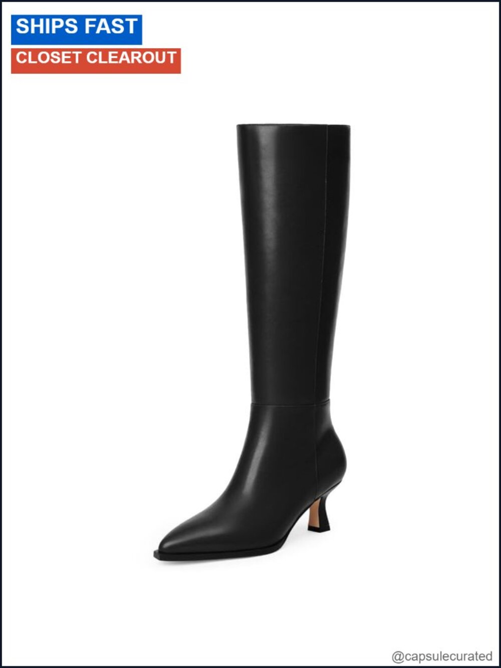 Knee High Boots Kitten Heel Pointed Toe Faux Leather Side Zip